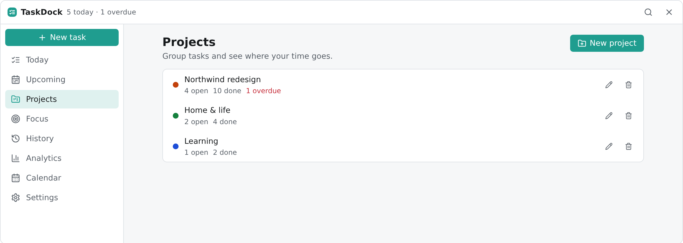 The Projects page listing three projects with open, done and overdue counts