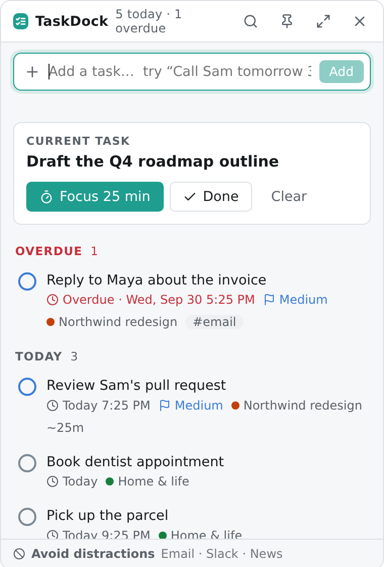 The TaskDock mini window with a quick add box, a current task card and a list of overdue and today tasks